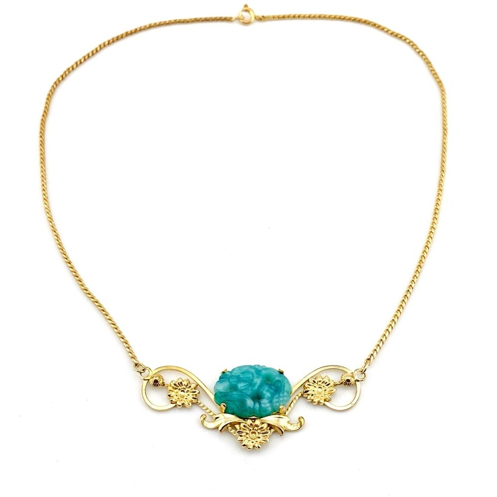Loran 14k Gold Filled Carved Peking Jade Necklace 15 In Vintage Signed Art Glass
